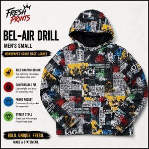 Fresh Prints Bel-Air Drill Men's Small Newspaper Space Race Graphic Hoodie